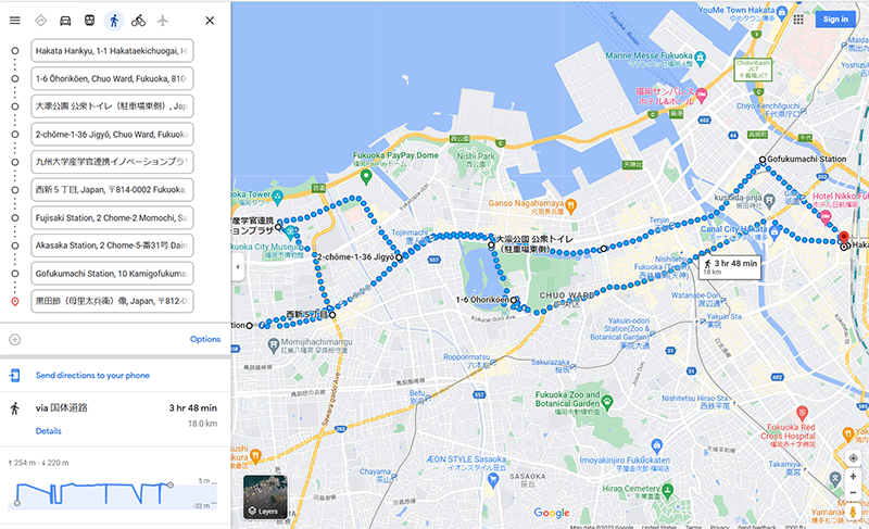 Hakata/Tenjin/Ohori/Momochi walking route for 18 km